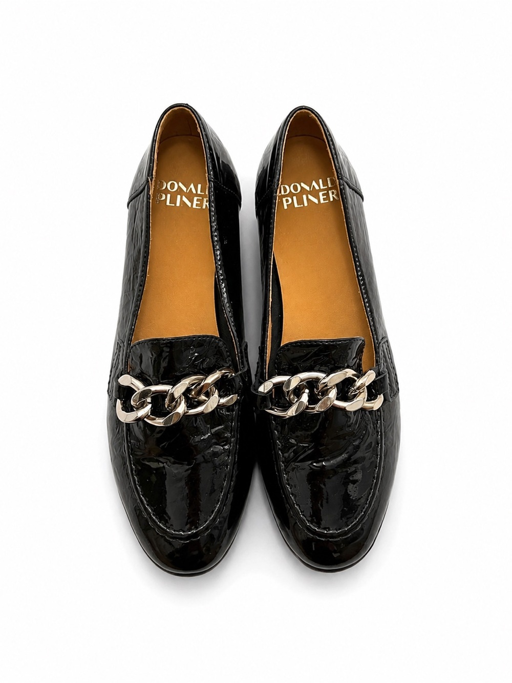 Donald J. Pliner Black Patent Loafers with Silver Chain